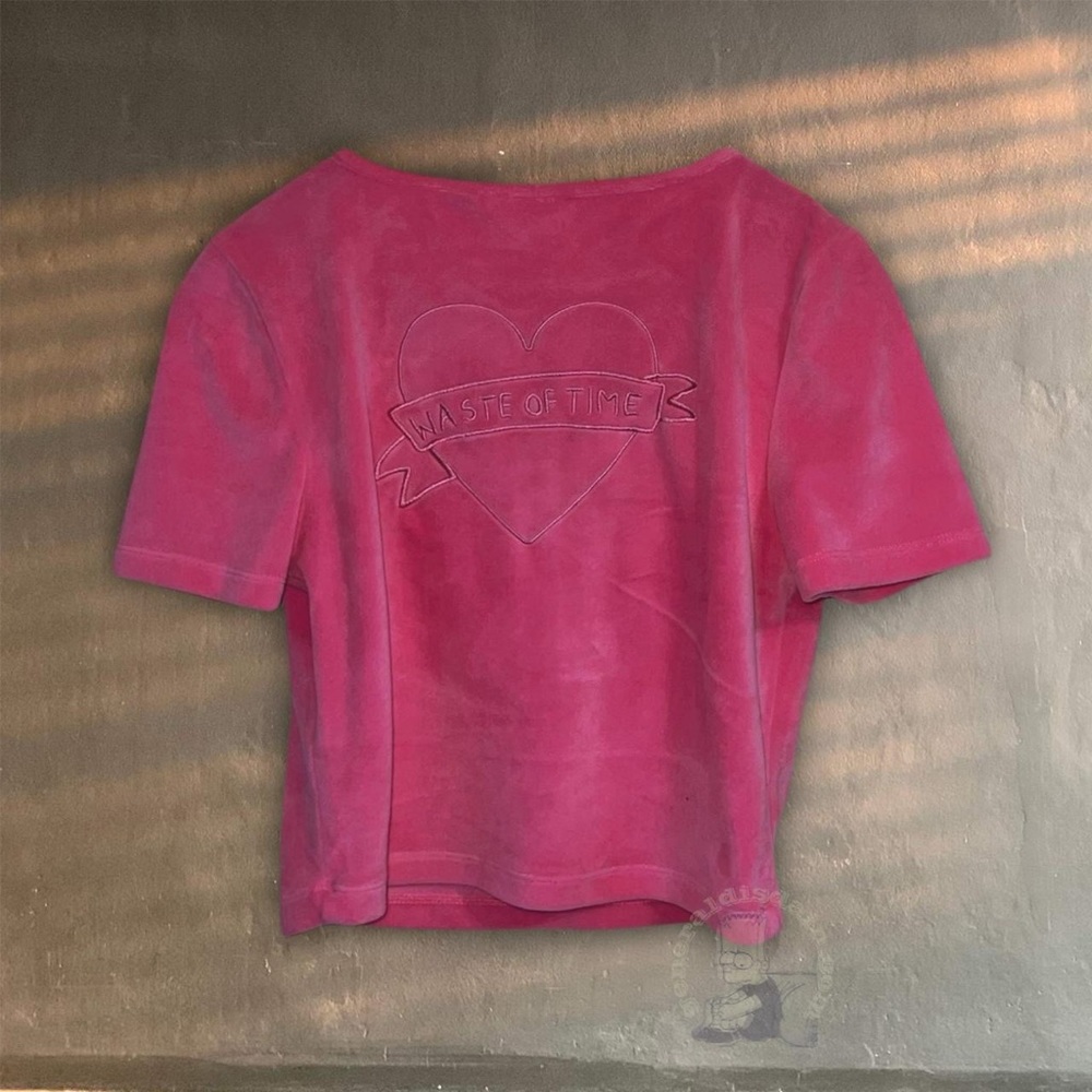 Lazy Oaf Waste of Time pink velour lounge top button cozy crop shirt RARE lolita